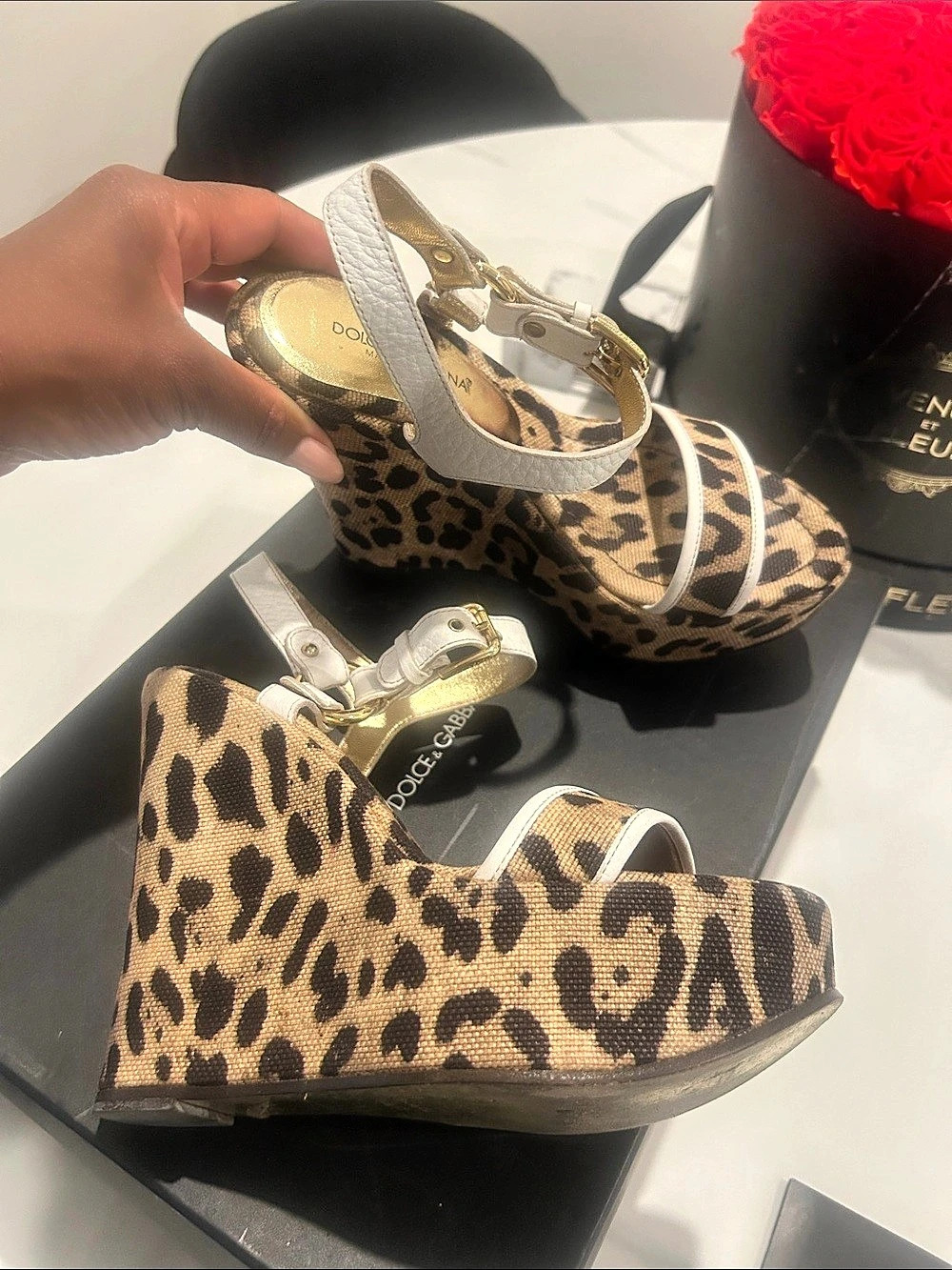 Dolce & Gabbana Leopard Print Canvas and White Leather Wedge Sandals Wedge
